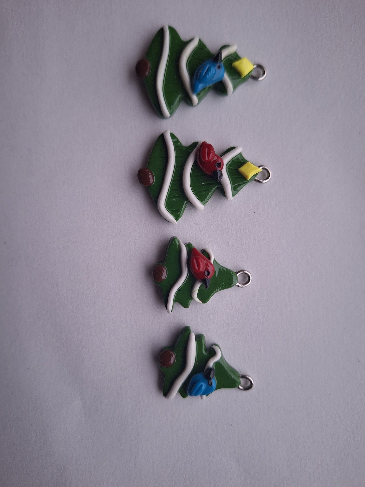Kawaii Christmas tree charms / polymer clay tree charms / kawaii holiday jewelry / holiday pine tree cardinal blue jay charms stitch marker
