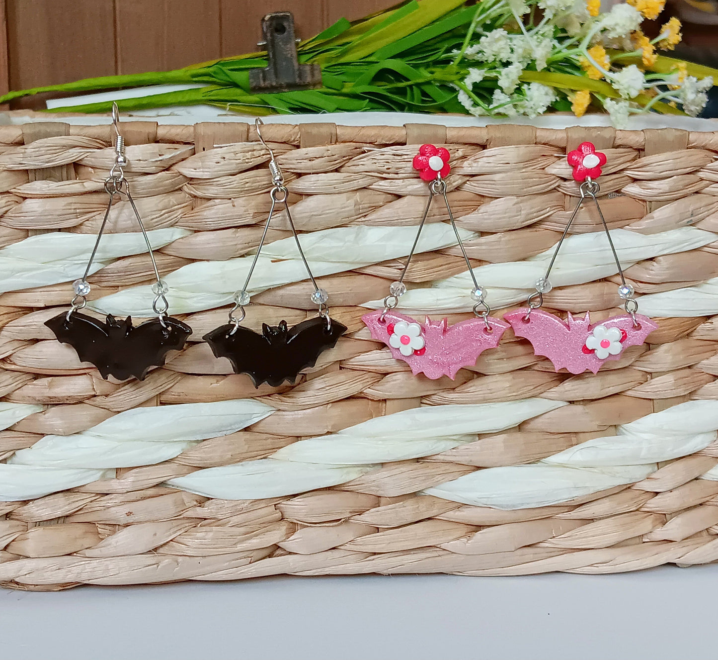 Kawaii halloween pumpkin bat earrings / polymer clay holiday earrings / kawaii pink flower bat jewelry / clay black glitter earrings