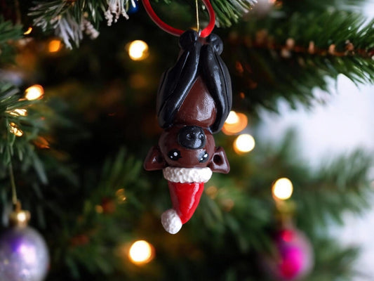 Christmas clay cute bat ornament / kawaii upside down bat ornament / polymer clay black brown santa bat christmas ornament