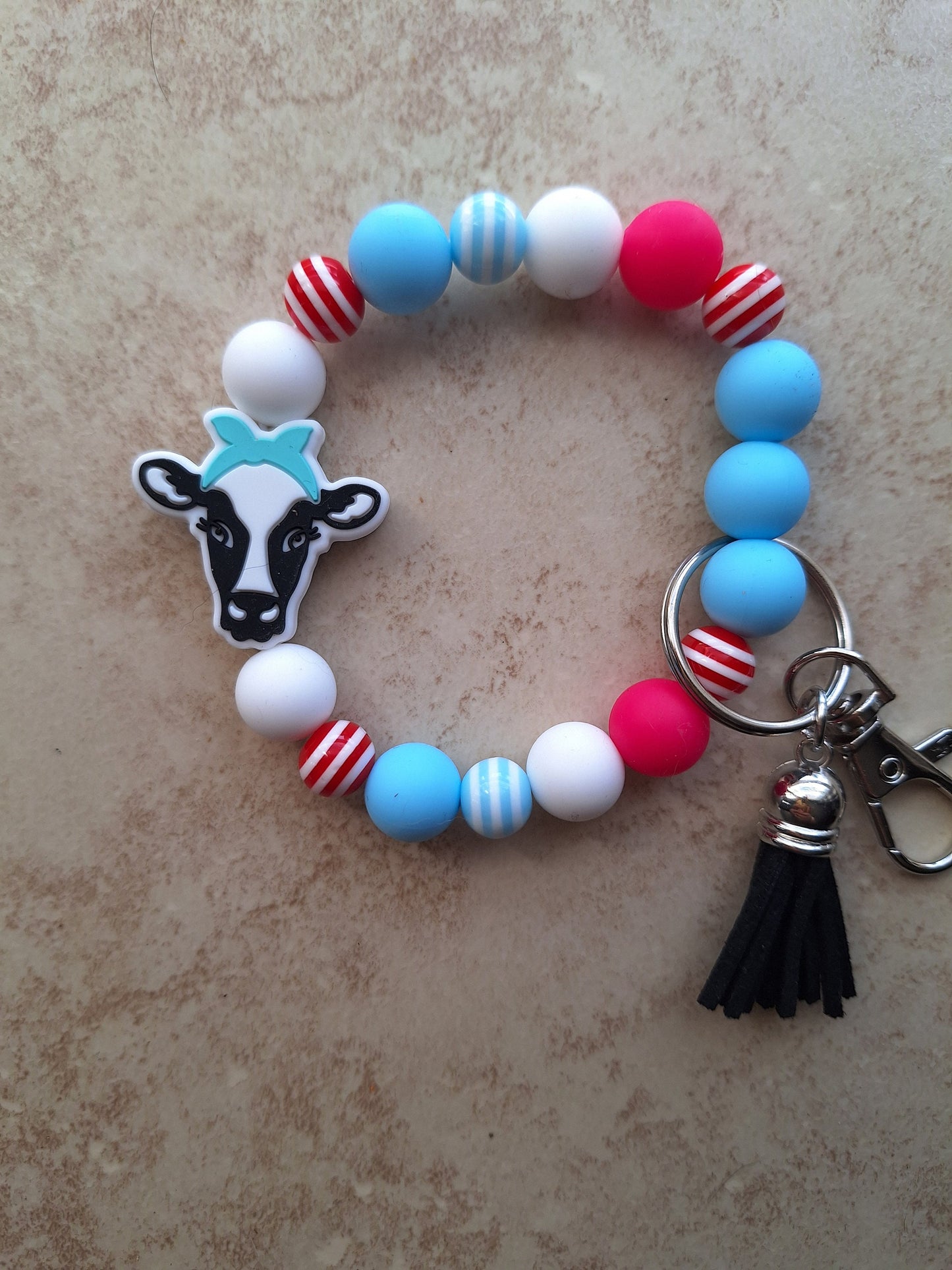 Silicone beaded wristlet keychain / cow with bow red teal silicone beaded wristlet keychain / bows and cows bag accessory key chain gift