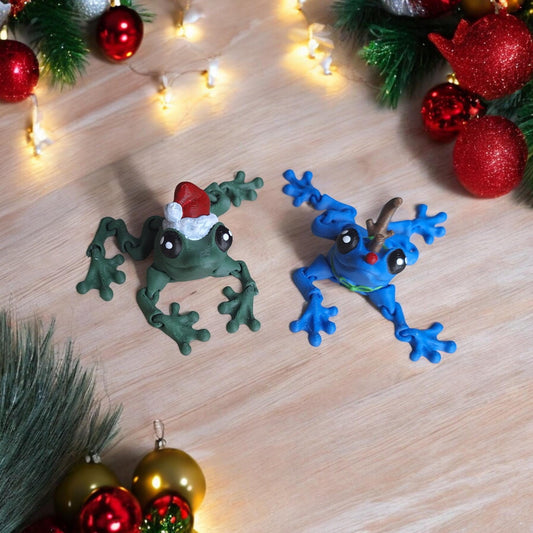3D articulated blue green festive frogs / 3d printed holiday christmas animals / reindeer santa frog knick knack Fidget figurines