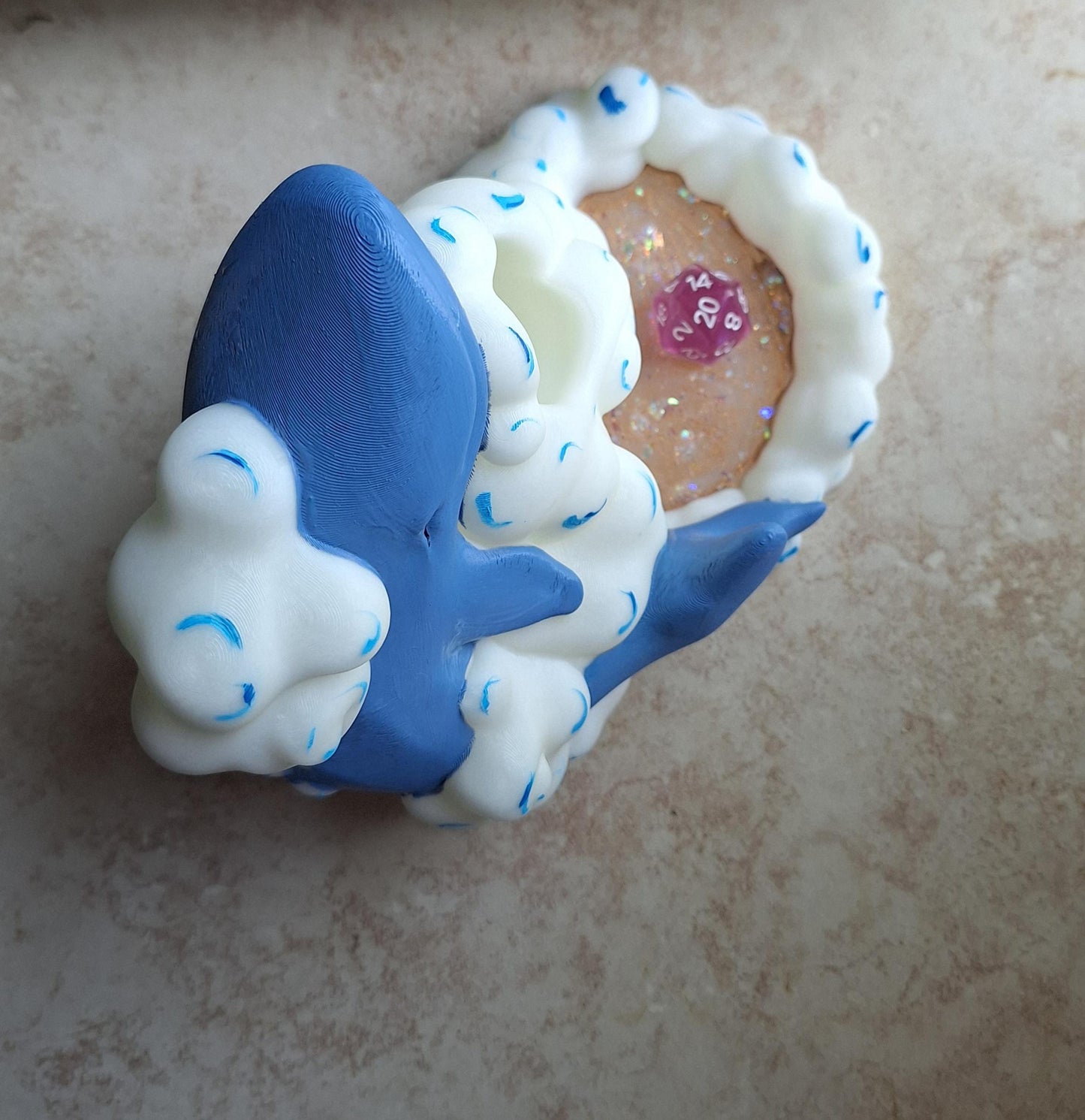 3D printed and painted whale in clouds dice stand holder tower / 3d sleepy whale dice tower / 3d printed d20 dice tower roller