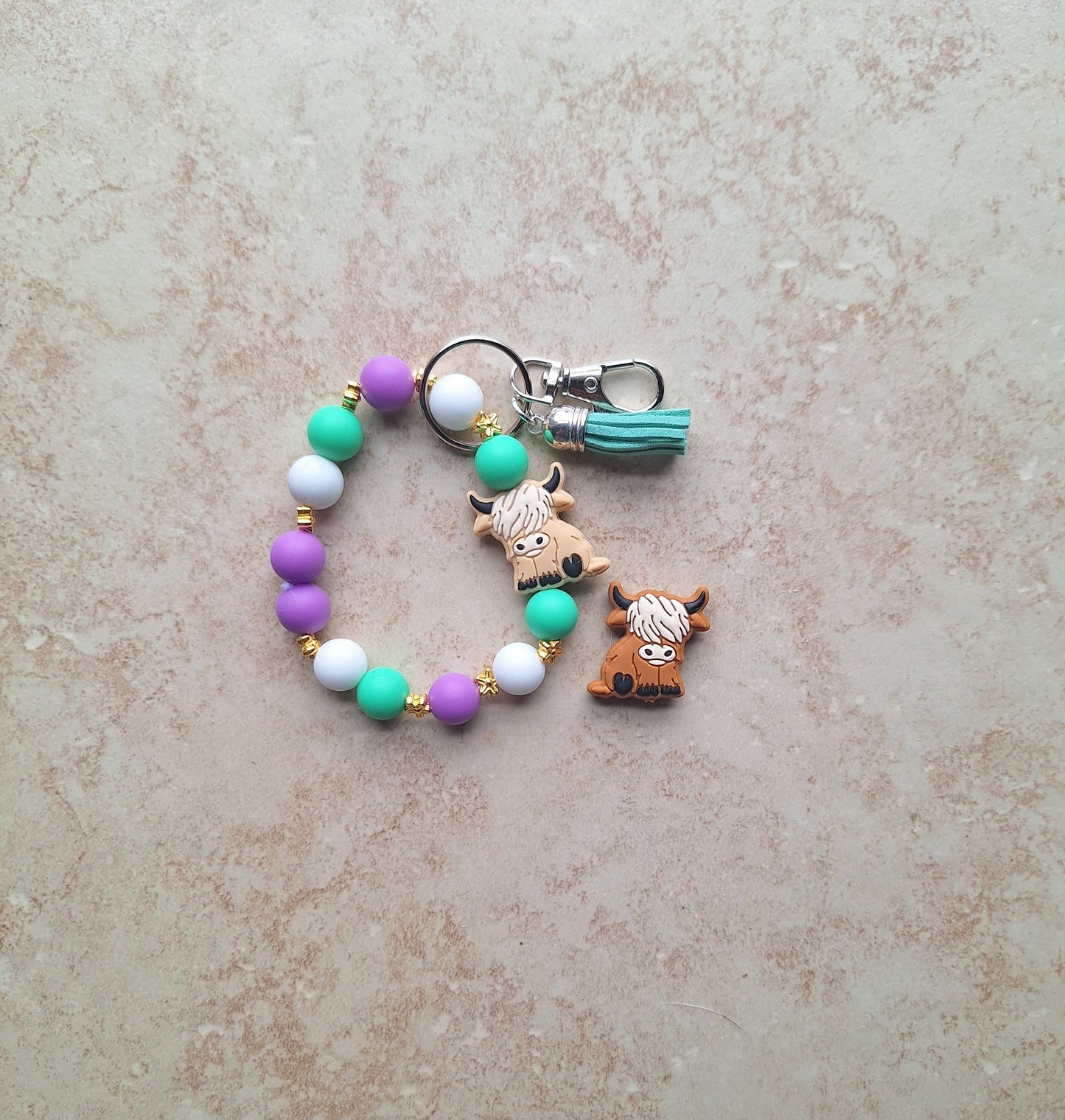 Silicone beaded wristlet keychain / tan brown highland cow silicone beaded wristlet keychain / purple teal cow bag accessory key chain gift