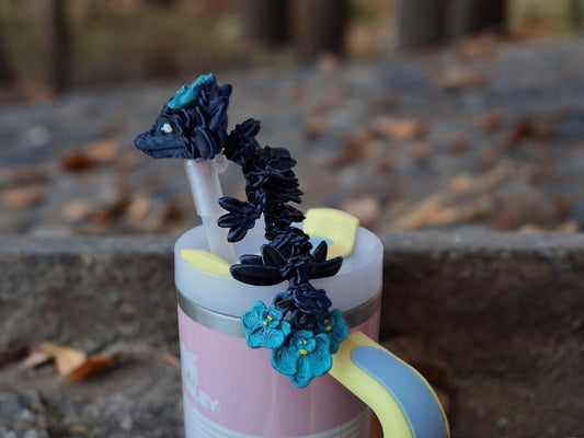 3D articulated iris flower dragon straw cap / 3d printed dragon animals / floral dragon tadling straw topper cover Fidget figurines