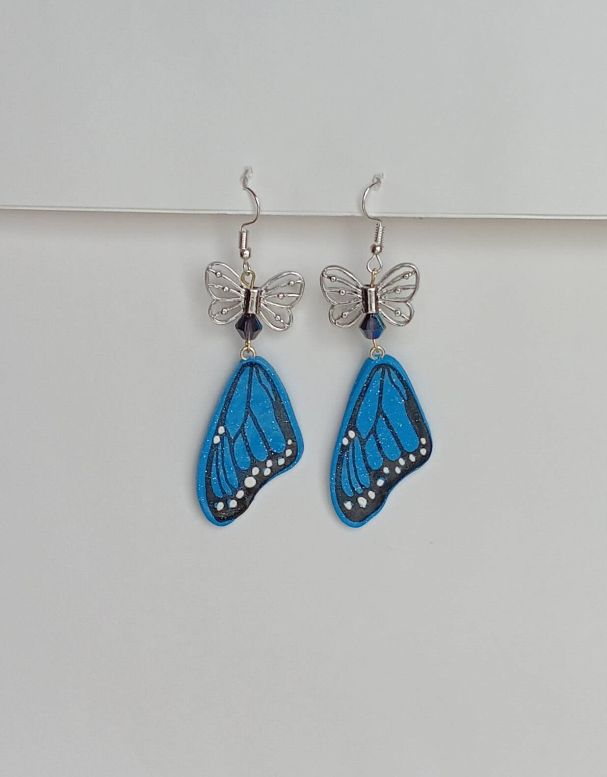 Kawaii butterfly earrings / polymer clay blue morpho monarch butterfly dangle earrings / clay butterfly jewelry / butterfly wing earrings