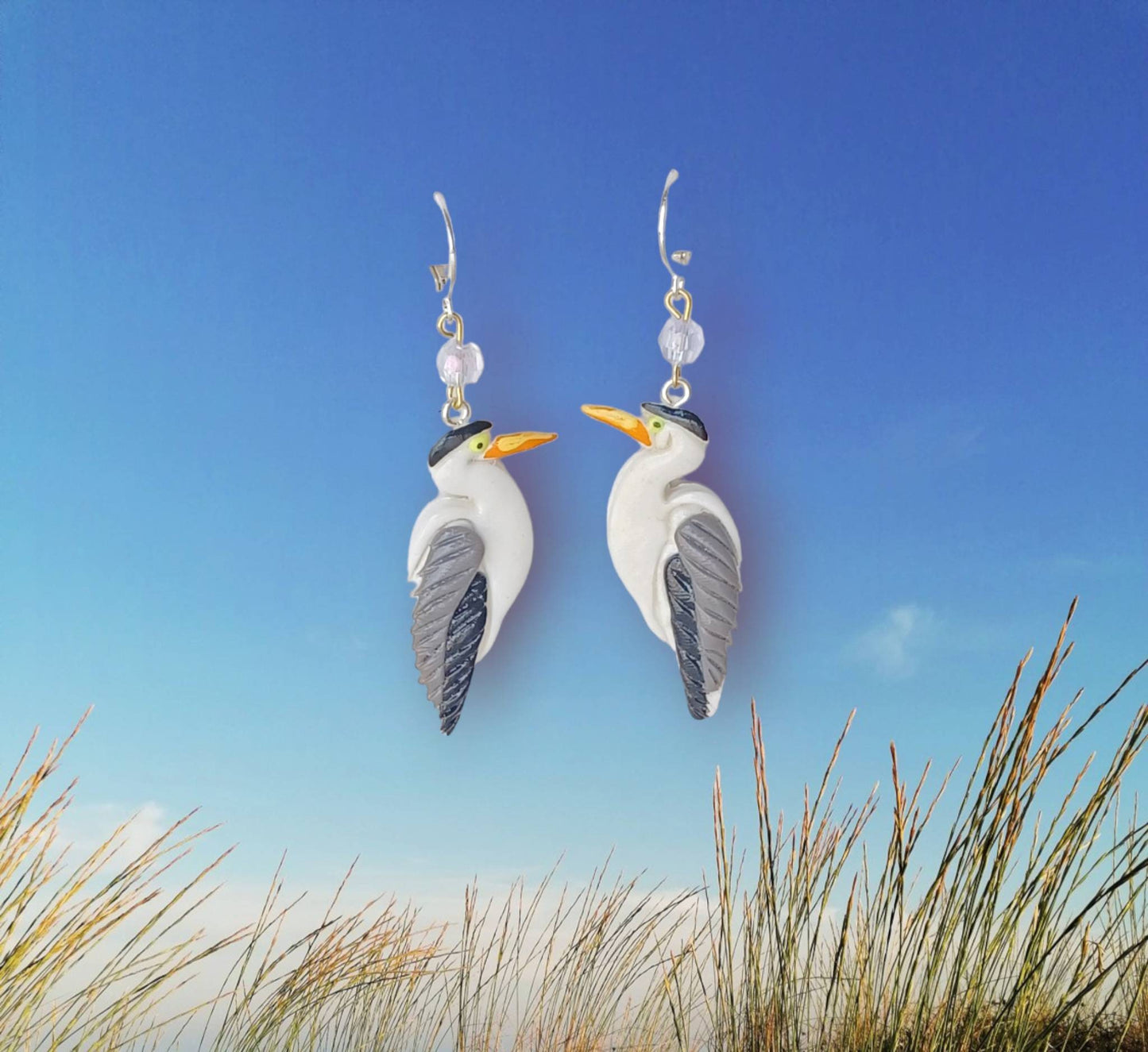 Kawaii blue heron earrings / polymer clay blue heron crane dangle earrings / kawaii bird jewelry / clay bird jewelry