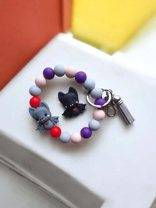 Silicone beaded wristlet gray black bat with heart / cute bat silicone beaded wristlet keychain / kawaii bat bag accessories key chain gift