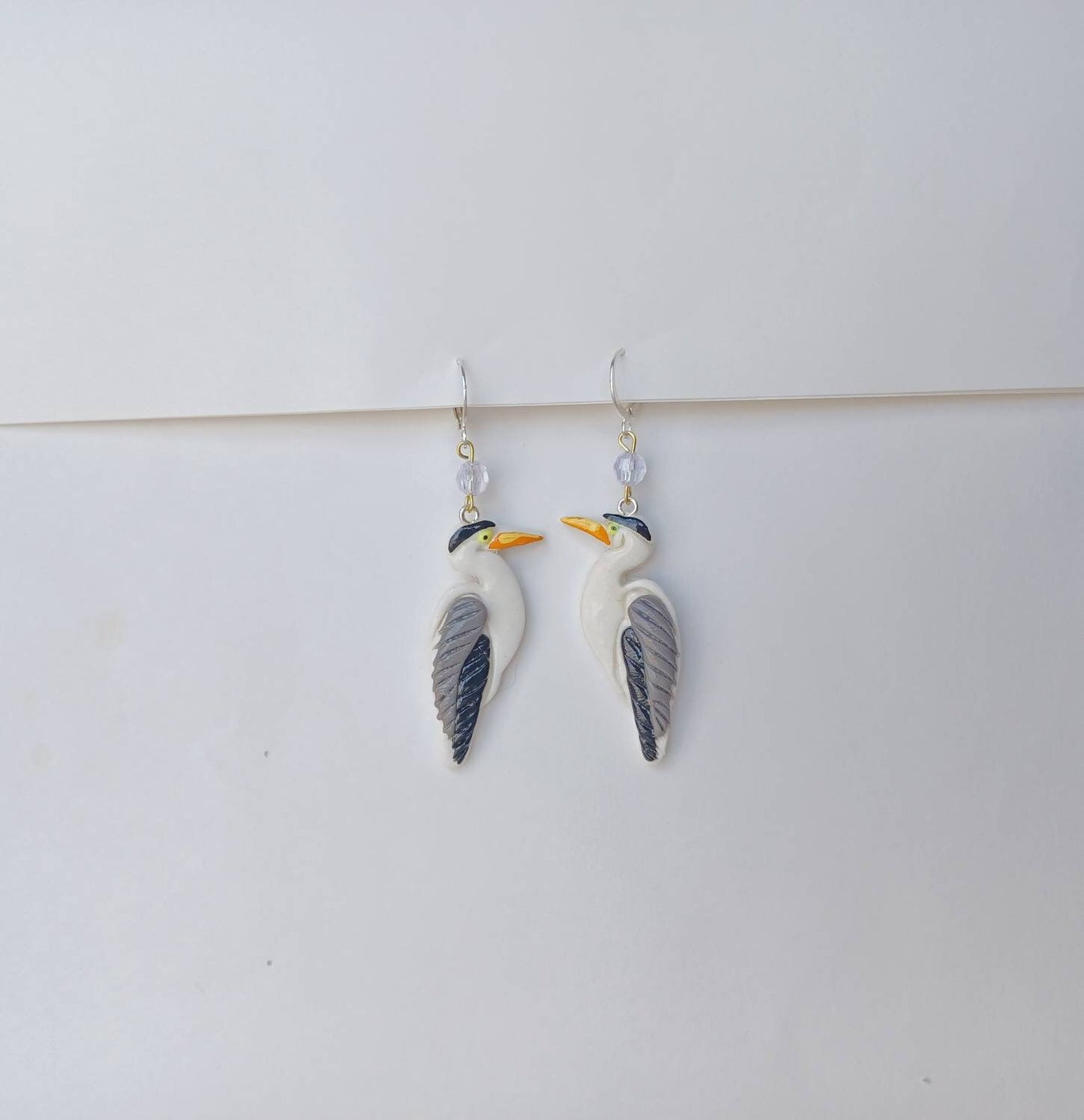 Kawaii blue heron earrings / polymer clay blue heron crane dangle earrings / kawaii bird jewelry / clay bird jewelry