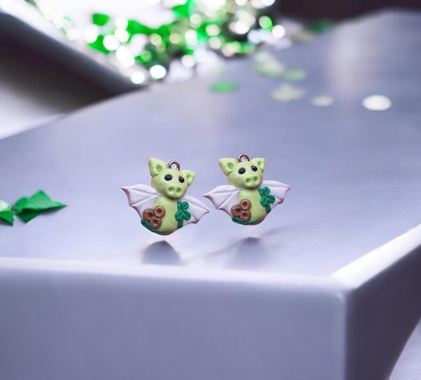 Kawaii lucky clover shamrock bat charm / polymer clay holiday charms / clay charm jewelry / bat charm stitch marker progress keeper