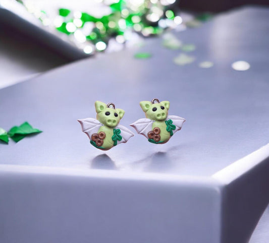 Kawaii lucky clover shamrock bat charm / polymer clay holiday charms / clay charm jewelry / bat charm stitch marker progress keeper