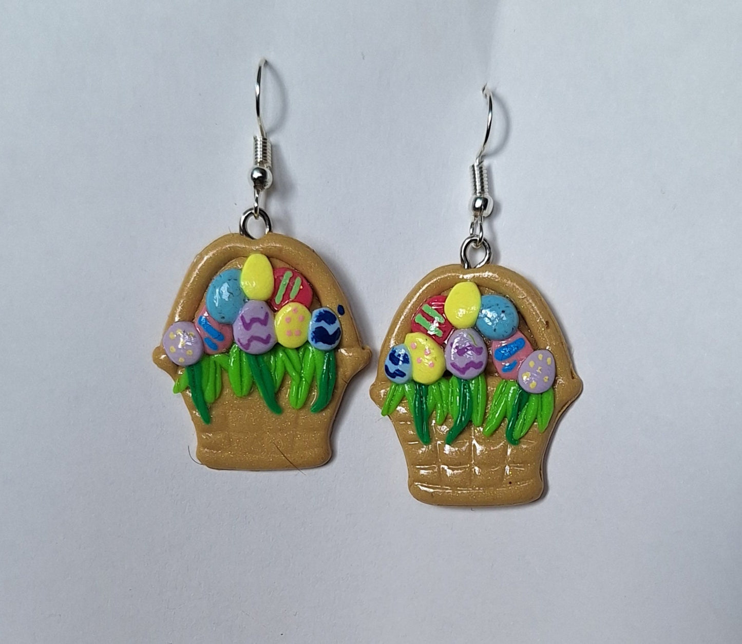 Kawaii clay easter egg basket earrings / polymer clay spring summer dangle stud earrings / clay easter earrings jewelry easter grass