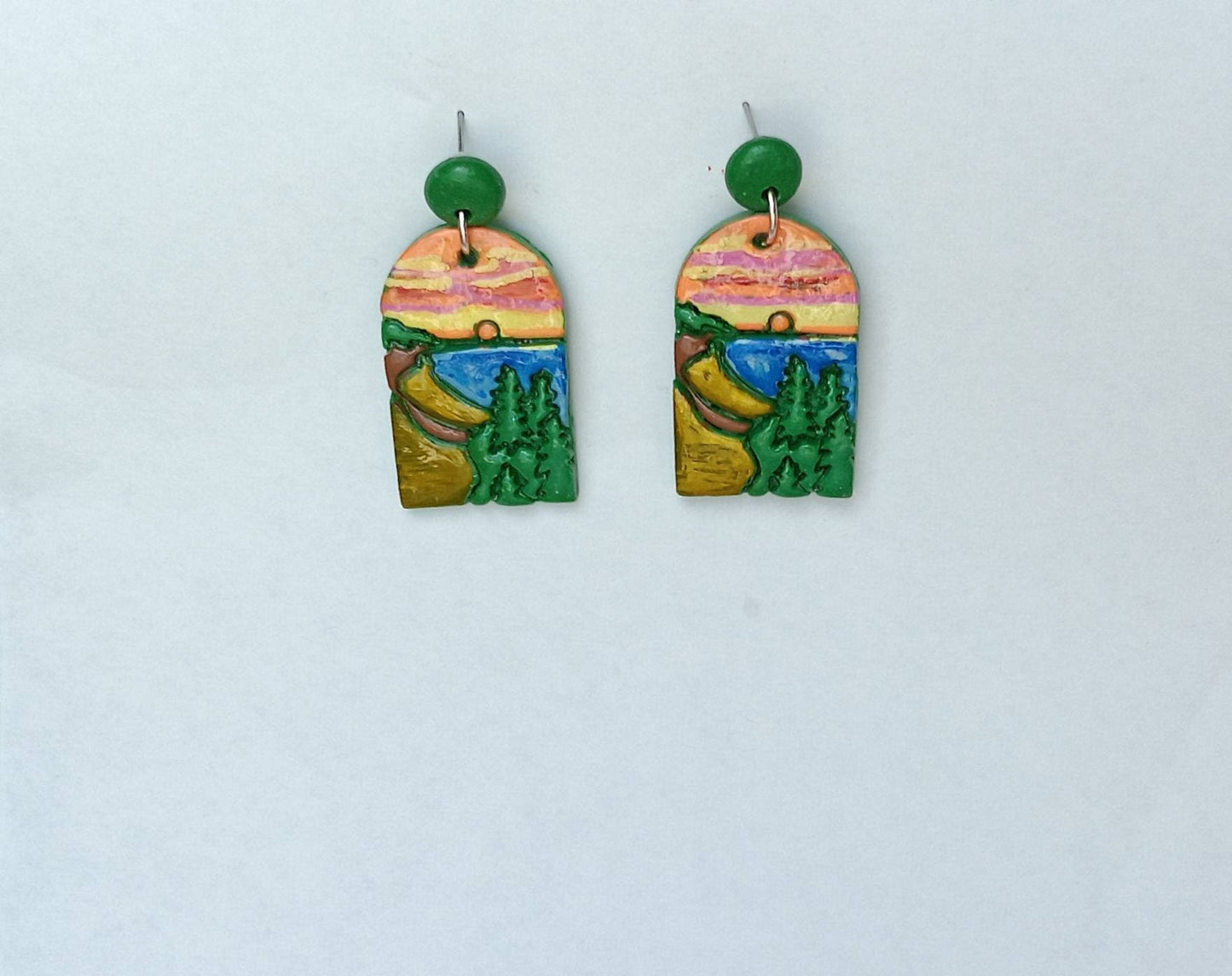 Kawaii landscape skyline earrings / polymer clay Indiana dunes dangle earrings / clay Indiana Dunes jewelry / landscape trees earrings