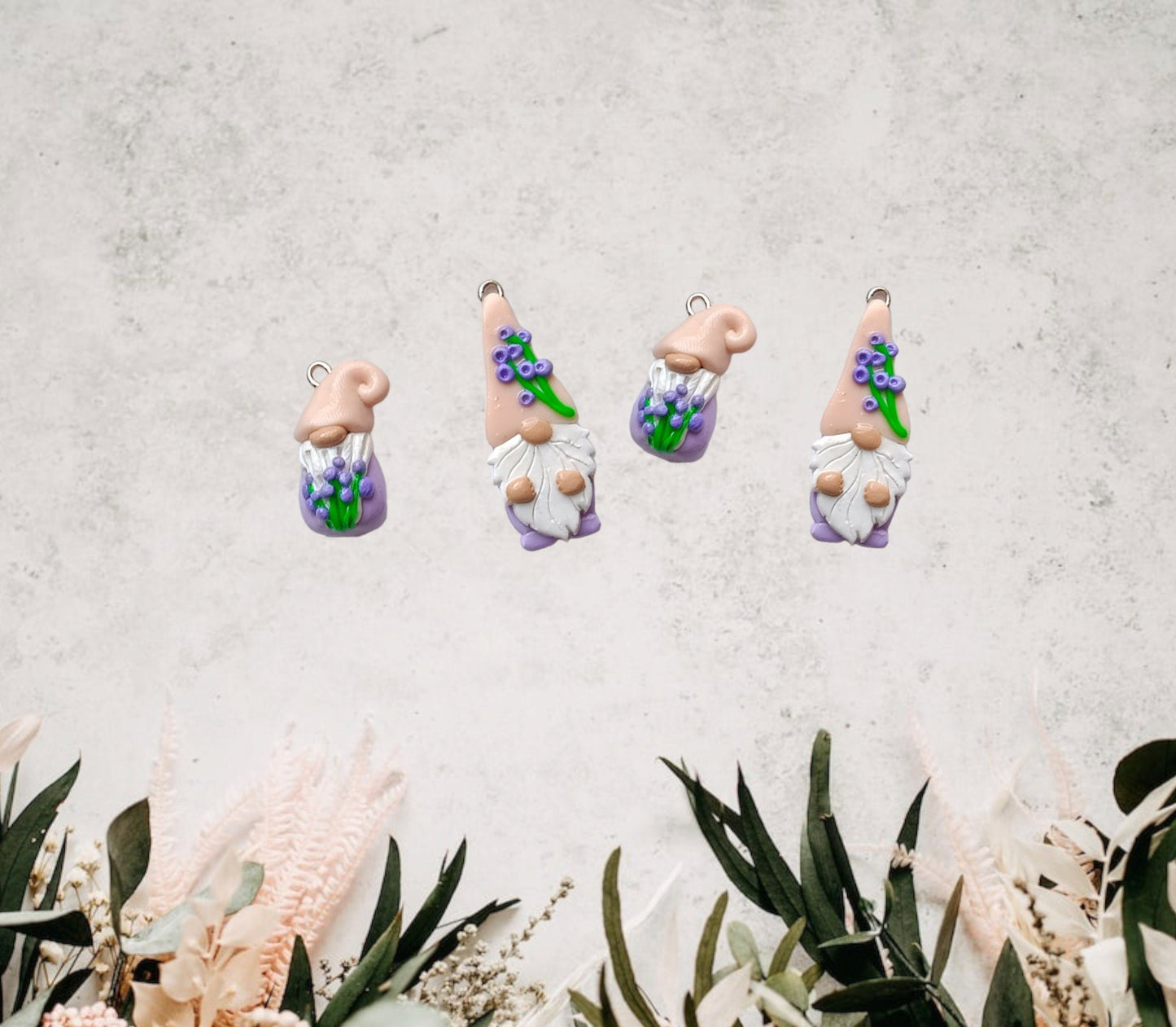 Kawaii floral Lavendar gnome charms / polymer clay garden gnome charms / kawaii toadstool charms / lavender gnome charms stitch marker