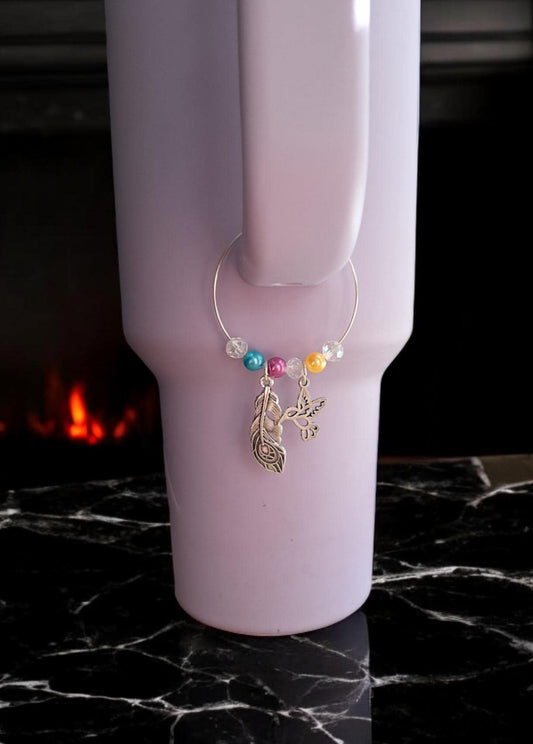 faux pearl feather floral humming bird handle charm tumbler accessories / tumbler charm buddy / feather hummingbird cup handle charm