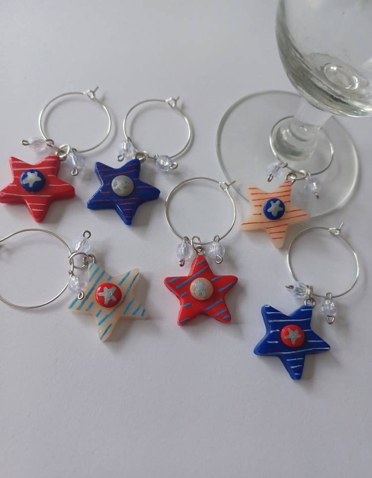 Set of 6 Red white blue star wine charms / 4th of July wine charms / patriotic wine charms / set of 6 polymer clay wine charms