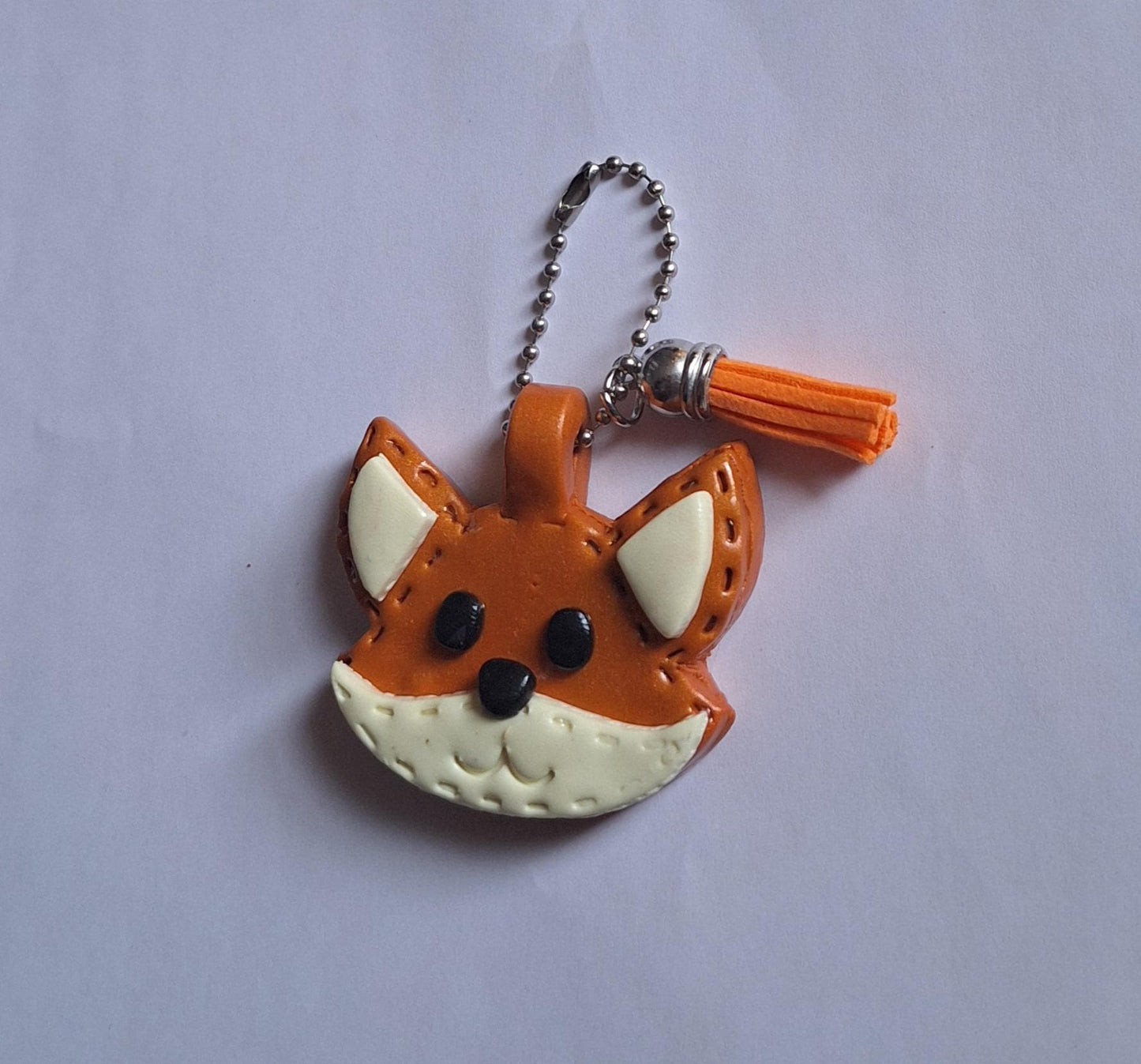 Polymer clay orange fox faux leather look stitch style keychain / cute clay fox bag accessories key chain