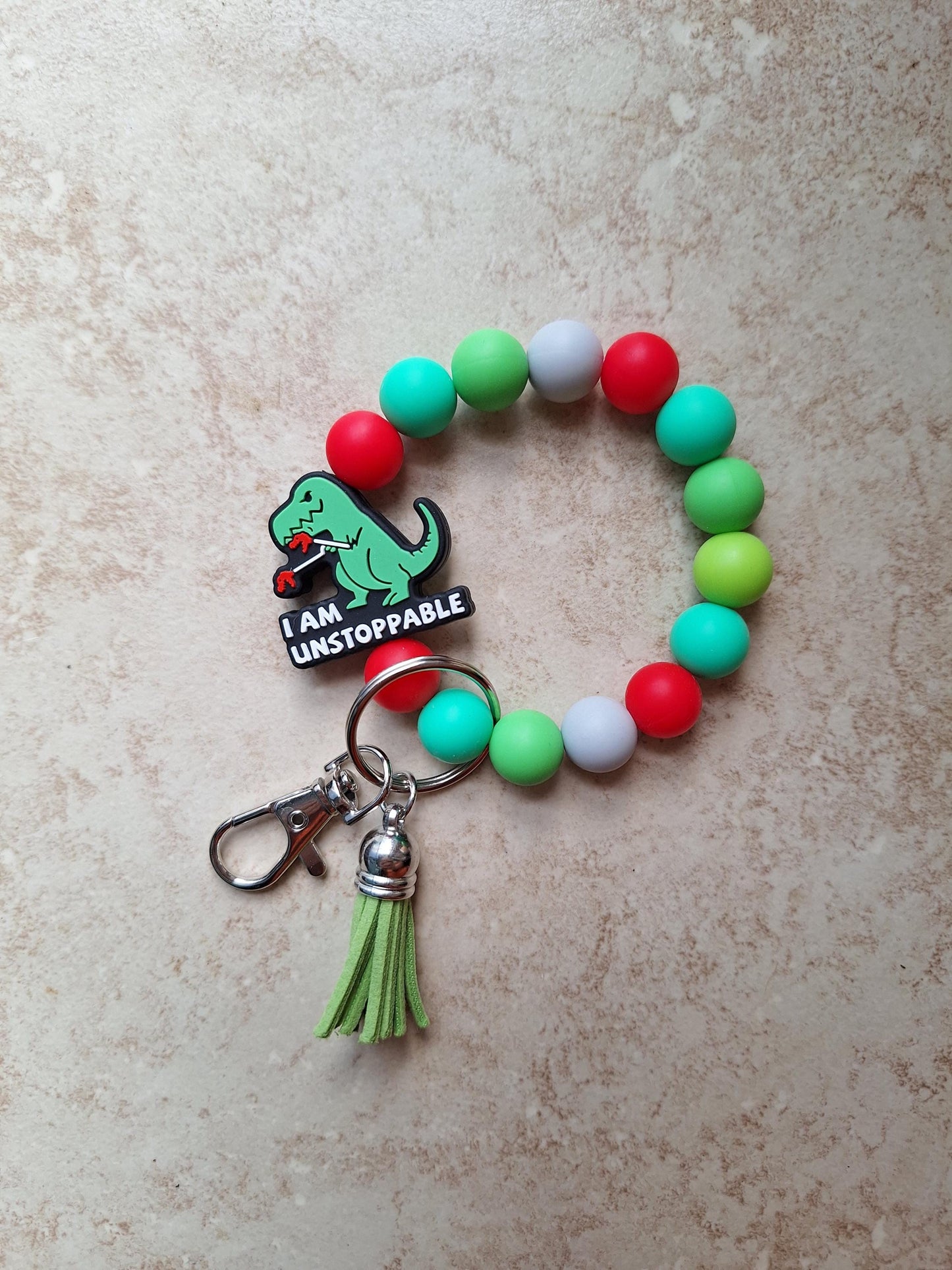 Silicone beaded wristlet keychain I'm unstoppable t-rex  / dino dinosaur silicone beaded wristlet keychain / bag accessories key chain gift