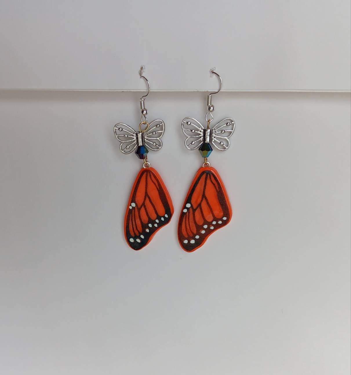 Kawaii butterfly earrings / polymer clay orange monarch butterfly dangle earrings / clay butterfly wing jewelry / butterfly wing earrings