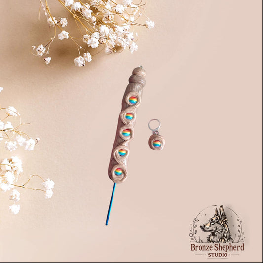 Handmade polymer clay faux wood grain rainbow crochet hook with stitch marker