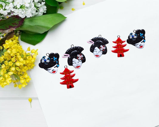 Kawaii floral geisha charm / polymer clay oriental sakura geisha charm / Japanese pagoda style charm jewelry stitchmarker progress keeper