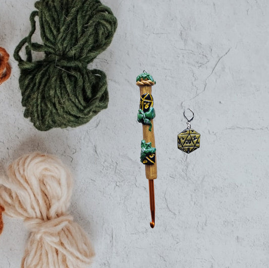 Polymer clay gold black dice d20 dragon crochet hook