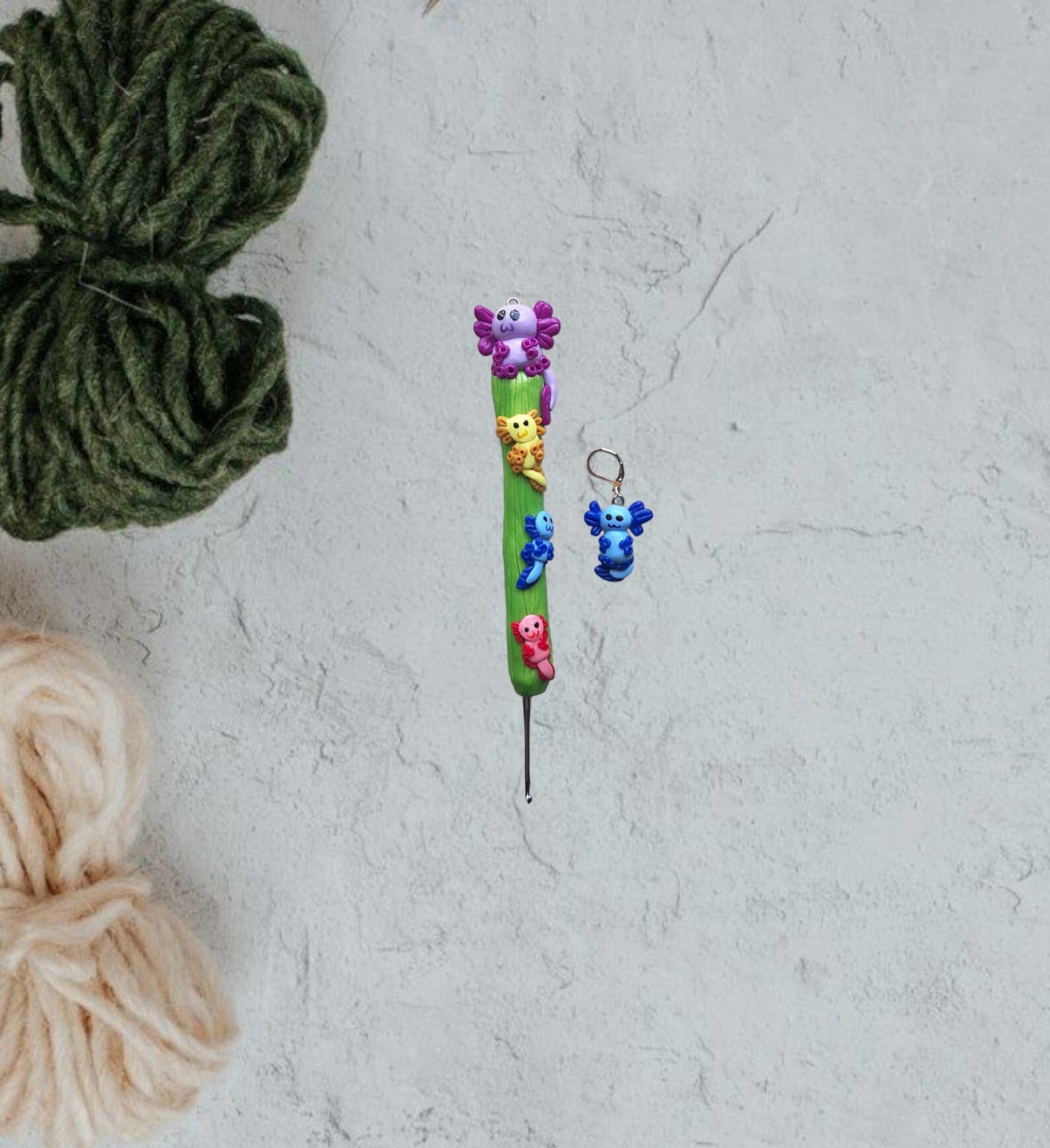 Polymer clay colorful axolotl crochet hook with stitch marker