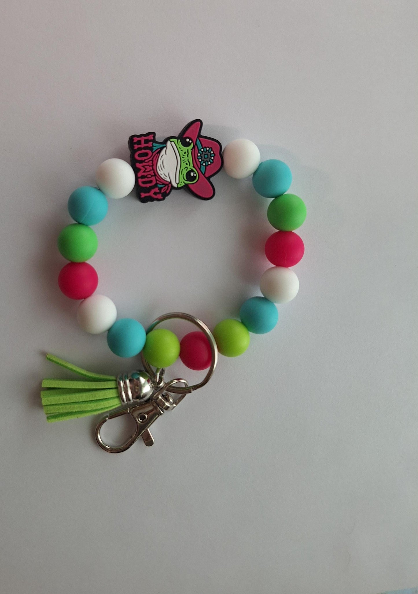 Silicone beaded frog wristlet / colorful howdy cowboy frog silicone beaded wristlet keychain / country western bag accessories key chain