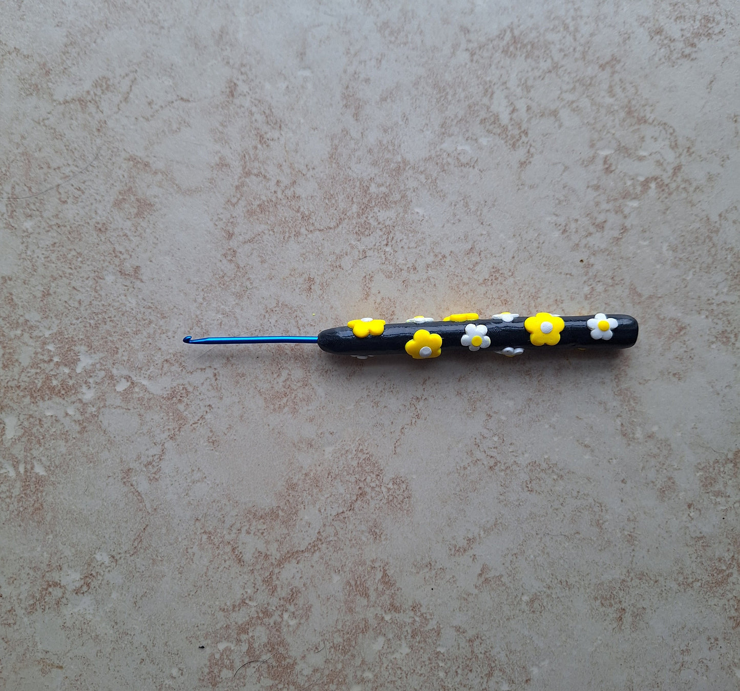 Polymer clay black yellow white daisy crochet hook
