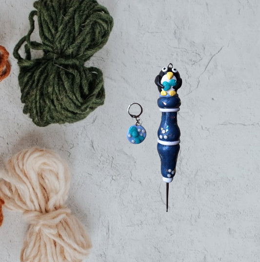 Polymer clay navy pearl penguin crochet hook with stitch marker