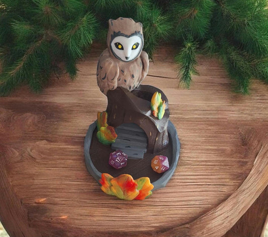 3D printed and painted owl tree stump dice tower / 3d autumn fall leaves owl dice tower / 3d printed d20 dice tower roller
