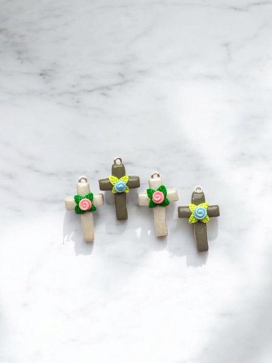 Clay cross with rose charms / polymer clay floral cross charms /  Christian jewelry charms / tiny clay cross charms