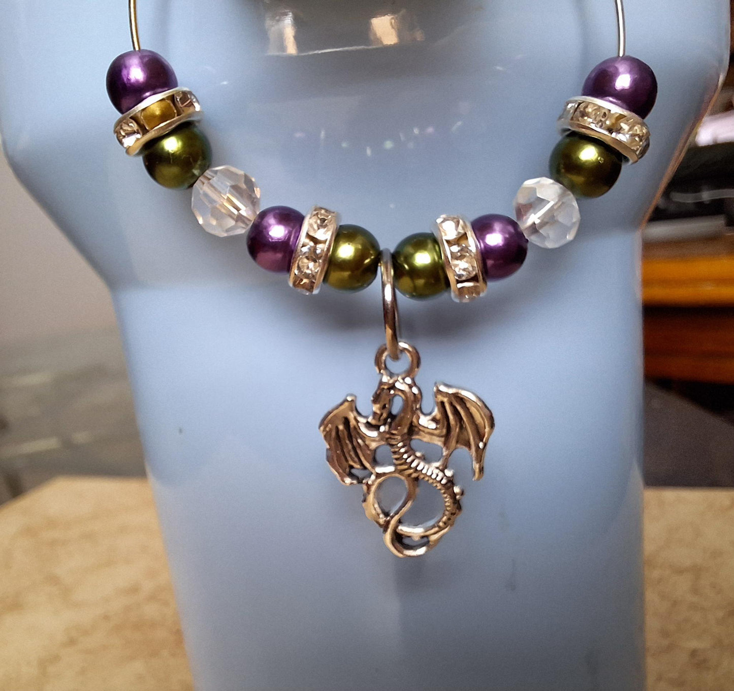 faux pearl green purple silvertone dragon charm tumbler accessories tumbler charm  buddy / beaded dragon cup handle charm