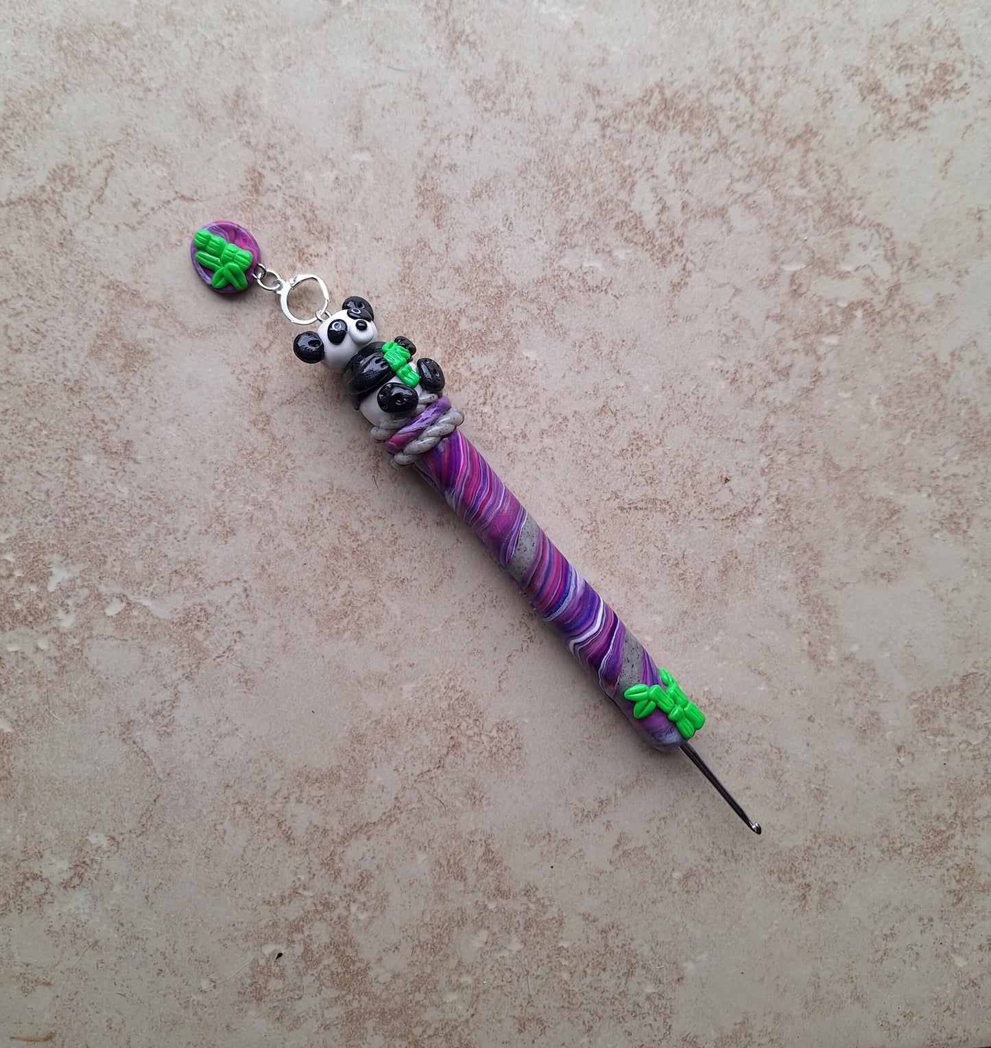 Polymer clay purple swirl panda bamboo crochet hook with stitch marker