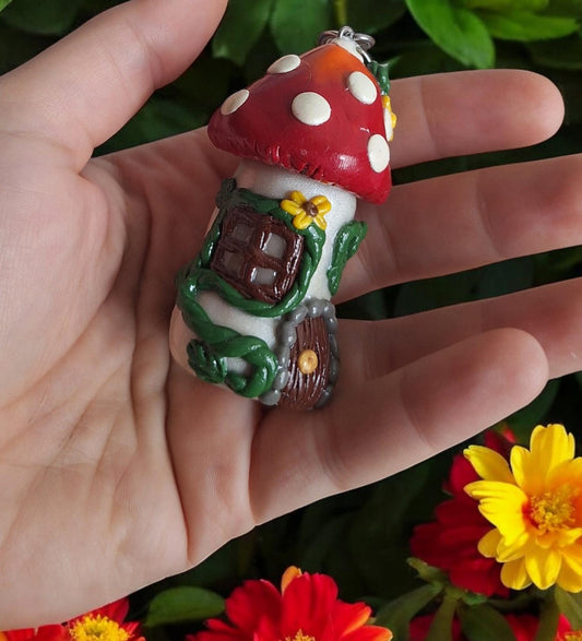 Polymer clay mushroom toadstool keychain jar / cottage core red orange clay mushroom keychain / functional keychain / key chain gift