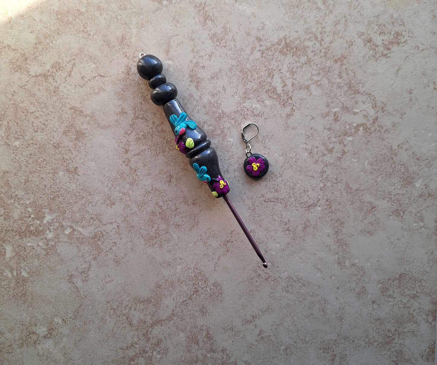 Polymer clay spring summer floral hummingbird crochet hook