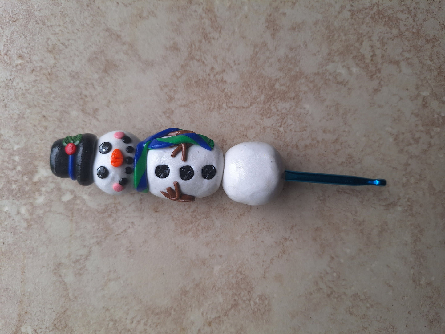 Polymer clay holiday top hat snowman crochet hook