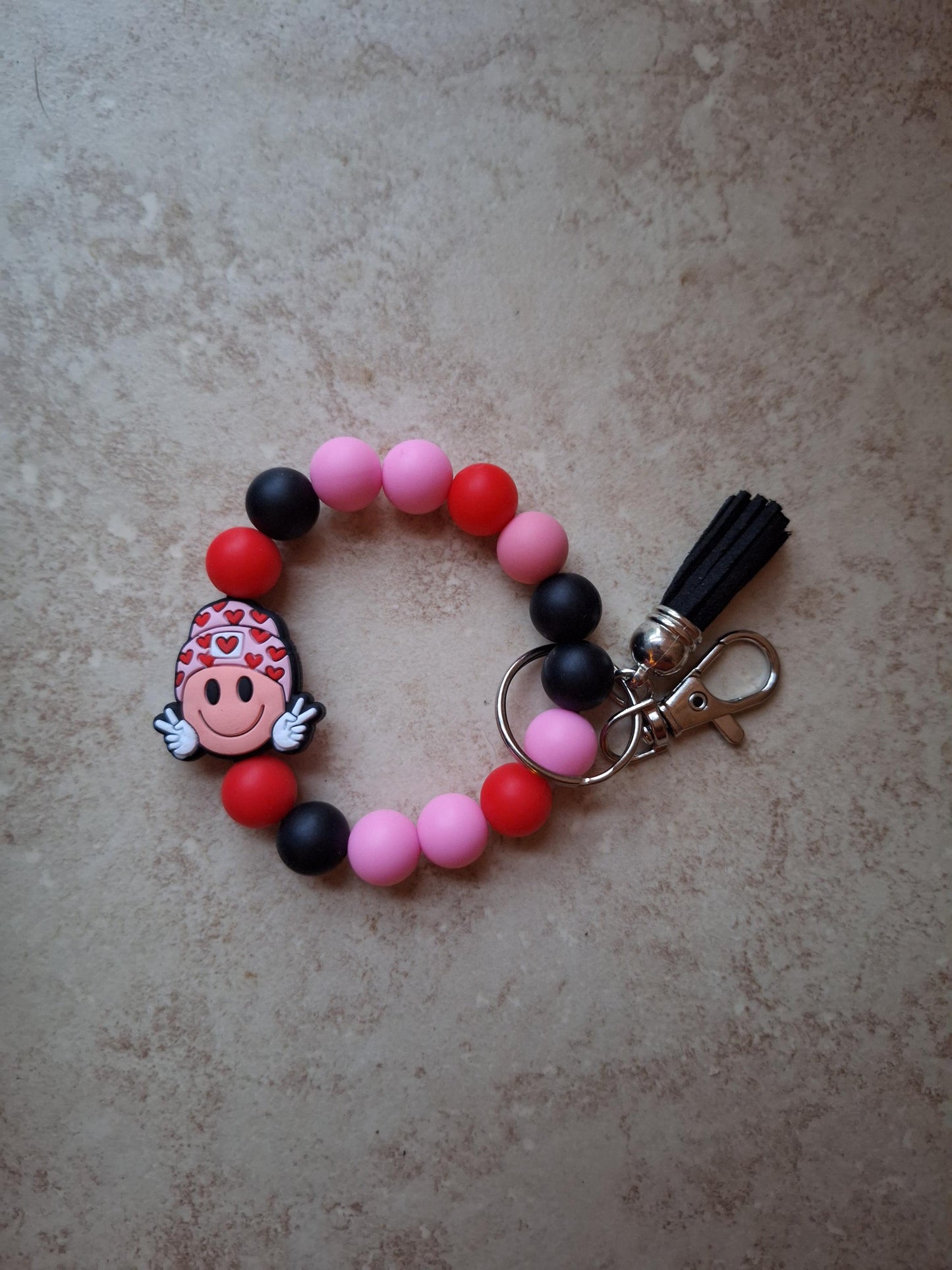 Silicone beaded wristlet keychain kawaii cute peace heart smiley with beanie silicone beaded wristlet keychain /  bag accessories key chain
