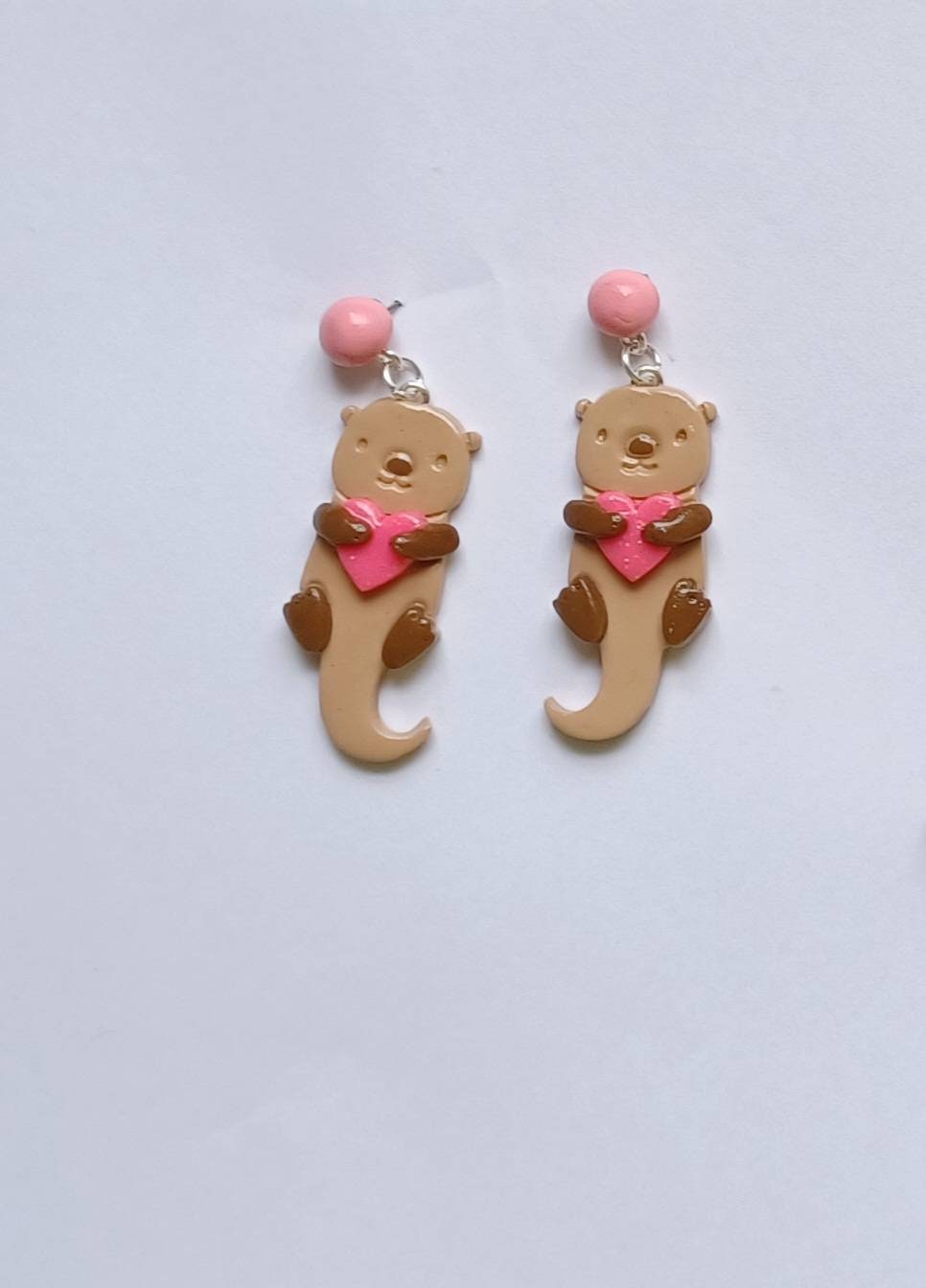 Kawaii otter earrings / polymer clay otter with heart earrings / kawaii floral jewelry / clay otter with flower earrings