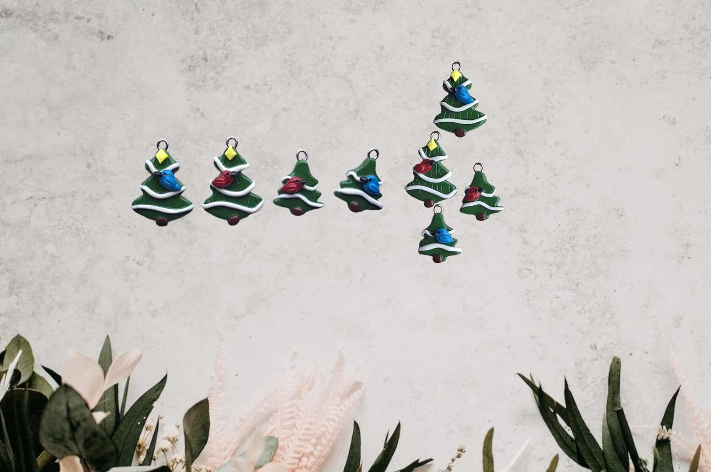 Kawaii Christmas tree charms / polymer clay tree charms / kawaii holiday jewelry / holiday pine tree cardinal blue jay charms stitch marker