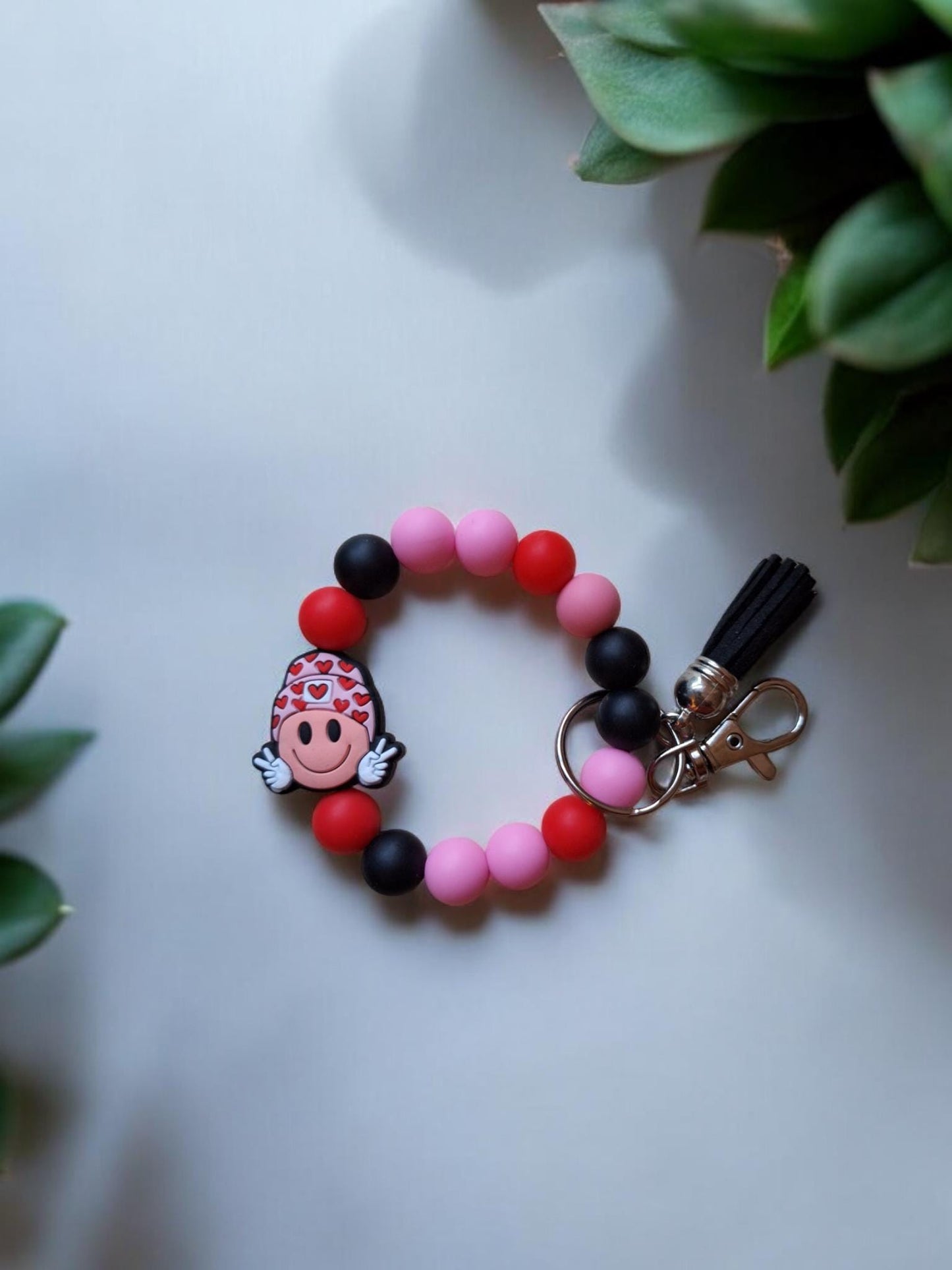 Silicone beaded wristlet keychain kawaii cute peace heart smiley with beanie silicone beaded wristlet keychain /  bag accessories key chain