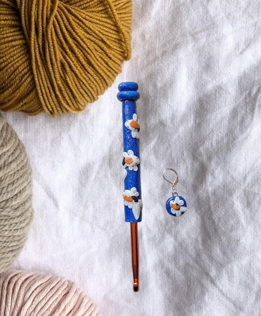 Polymer clay blue glitter koi fish scene crochet hook