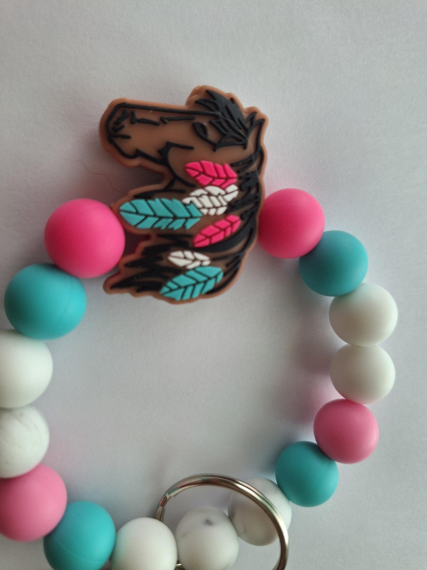 Silicone beaded wristlet / colorful horse with feathers silicone beaded wristlet keychain / country western bag accessories key chain