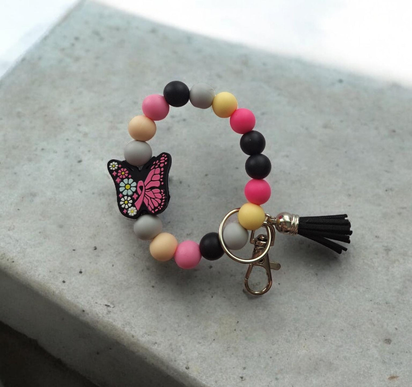 Silicone beaded wristlet keychain / breast cancer awareness ribbon silicone beaded wristlet keychain / butterfly bag accessories key chain