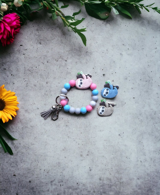 Silicone beaded wristlet keychain / pink blue gray sloth silicone beaded wristlet keychain / sloth on branch bag accessories key chain gift