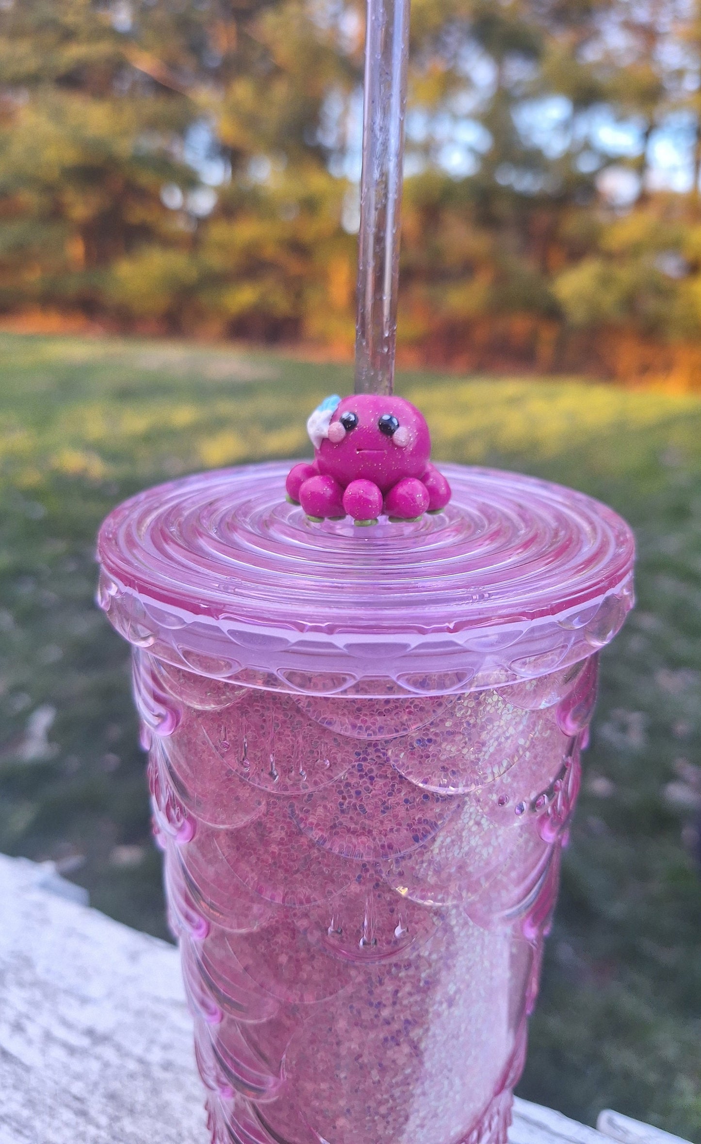 Clay octopus with starfish shell straw buddy charm tumbler accessories / tumbler charm straw buddy / pink octopus squid straw topper charm