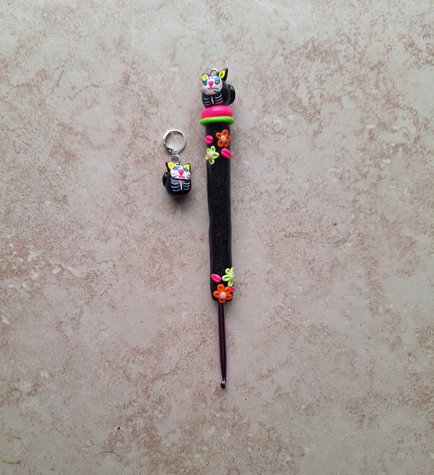 Polymer clay sugar skull kitty cat day of the dead crochet hook