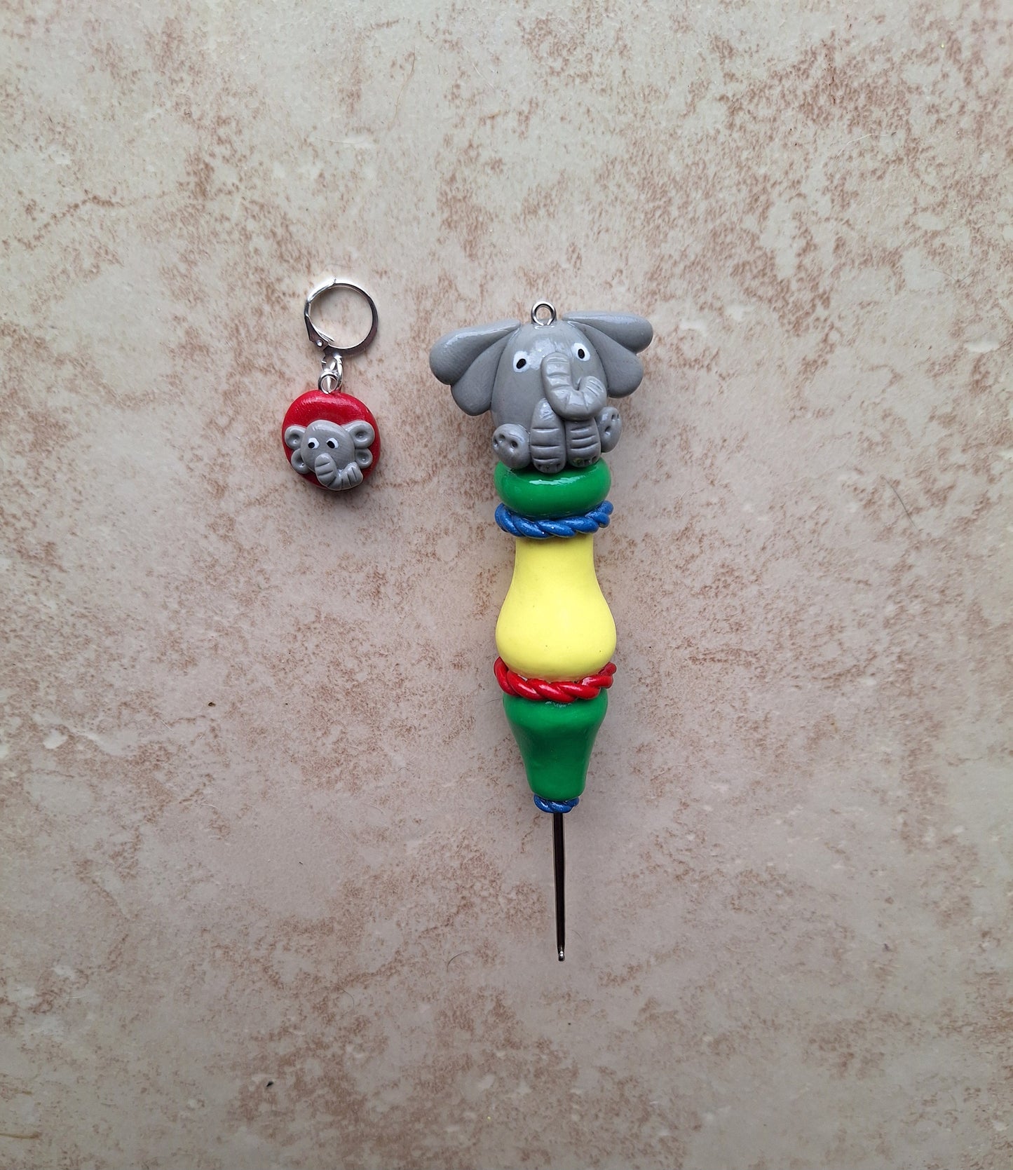 Polymer clay cute circus elephant color block crochet hook with stitch marker