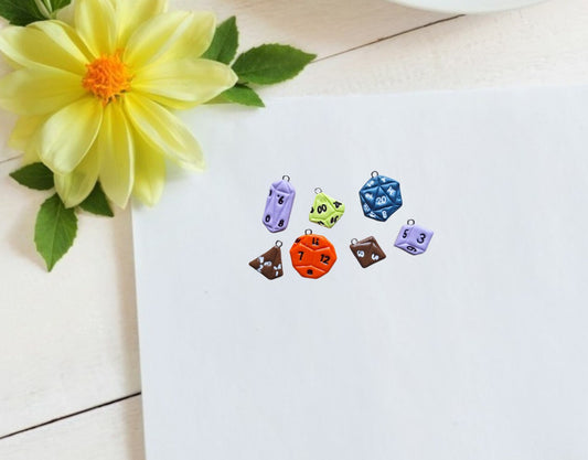 Polymer clay d2o dice set charms jewelry stitch markers progress keeper
