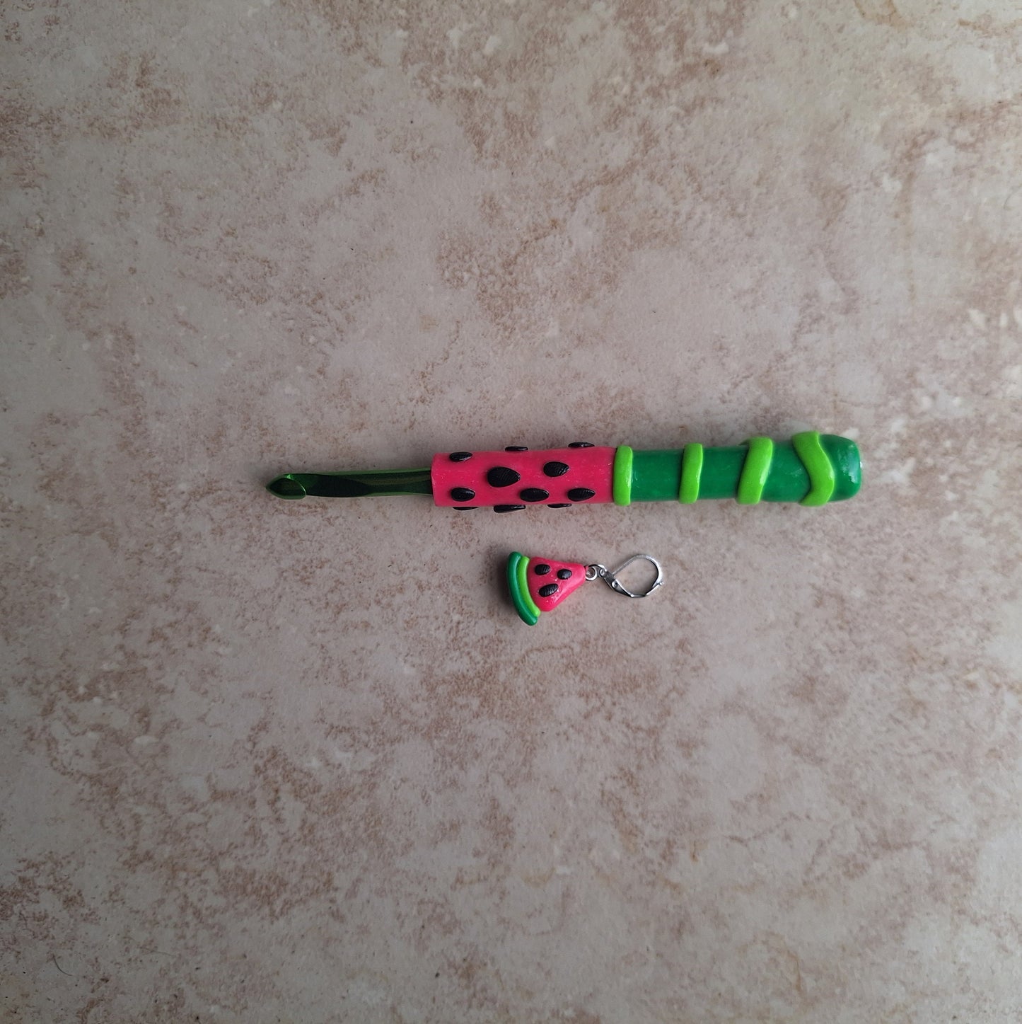 Polymer clay summer fruit watermelon crochet hook with stitch marker