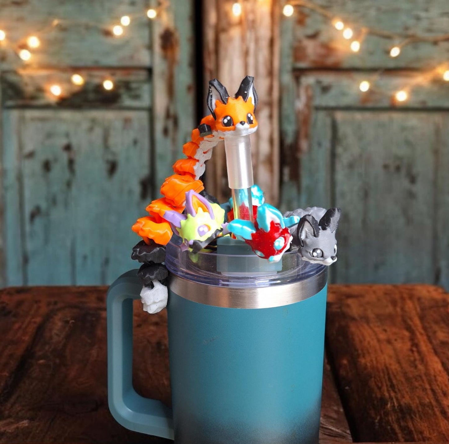 3D articulated orange fox Yuna dragon straw cap / 3d printed dragon animals / fox straw topper cover Fidget figurines